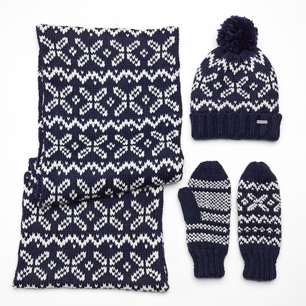Igloos Snowflake Mittens, Scarf & Beanie Set Black